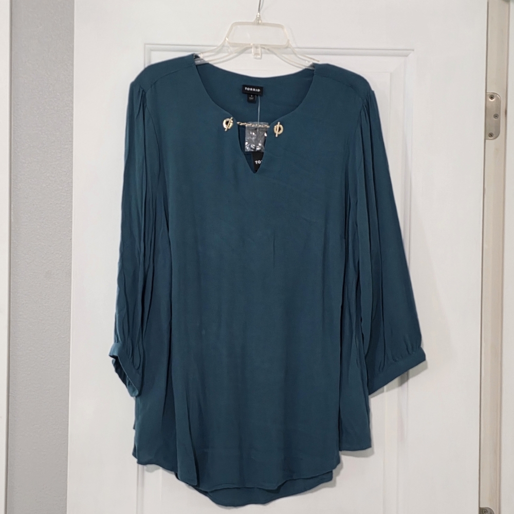 Teal Blouse with Embellished Neckline